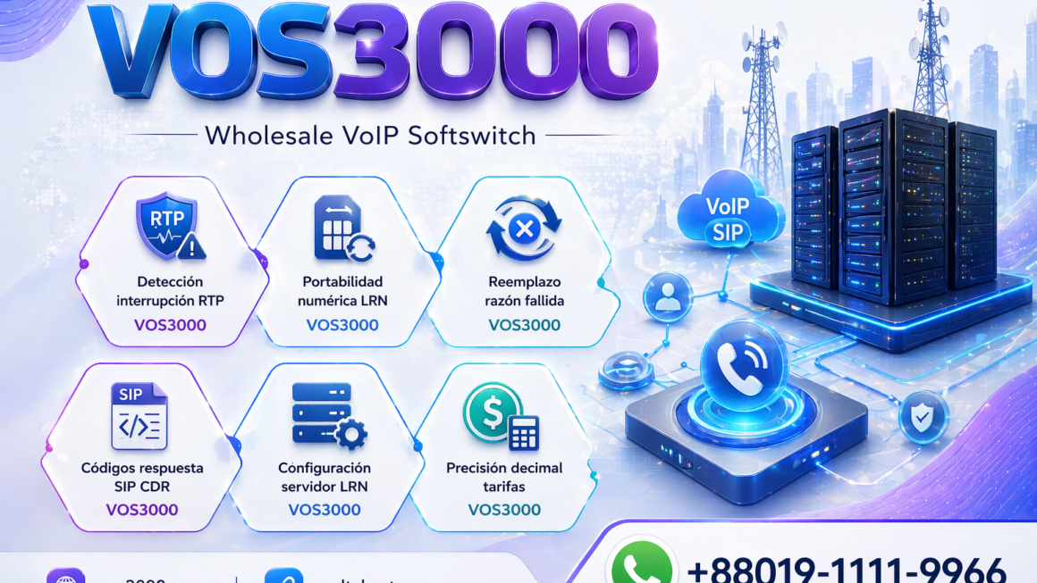 Detección interrupción RTP VOS3000, Portabilidad numérica LRN VOS3000, Reemplazo razón fallida VOS3000, Códigos respuesta SIP CDR VOS3000, Configuración servidor LRN VOS3000, Precisión decimal tarifas VOS3000
