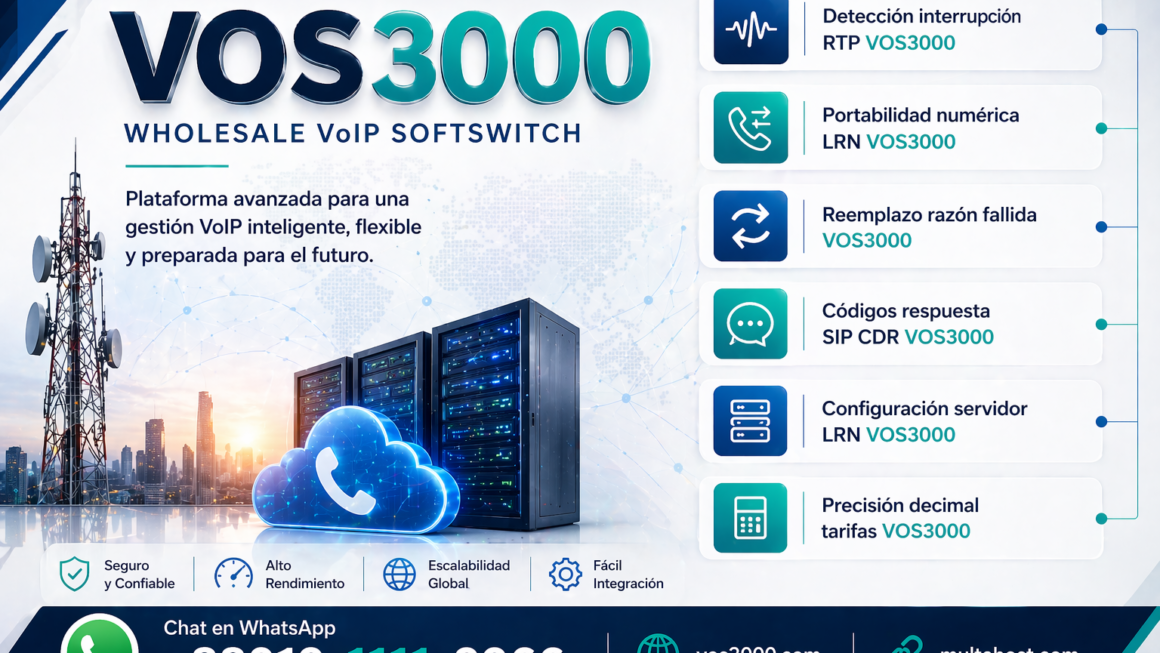 Detección interrupción RTP VOS3000, Portabilidad numérica LRN VOS3000, Reemplazo razón fallida VOS3000, Códigos respuesta SIP CDR VOS3000, Configuración servidor LRN VOS3000, Precisión decimal tarifas VOS3000