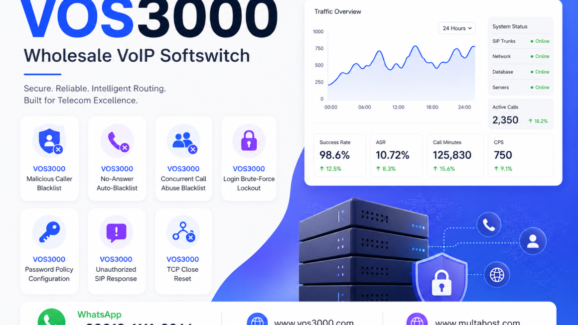 VOS3000 Malicious Caller Blacklist, VOS3000 No-Answer Auto-Blacklist, VOS3000 Concurrent Call Abuse Blacklist, VOS3000 Login Brute-Force Lockout, VOS3000 Password Policy Configuration, VOS3000 Unauthorized SIP Response, VOS3000 TCP Close Reset, VOS3000 Registration Replace Kick, VOS3000 Lightweight Registration Interval, VOS3000 Authentication Retry Limits, VOS3000 Call Authentication Mode
