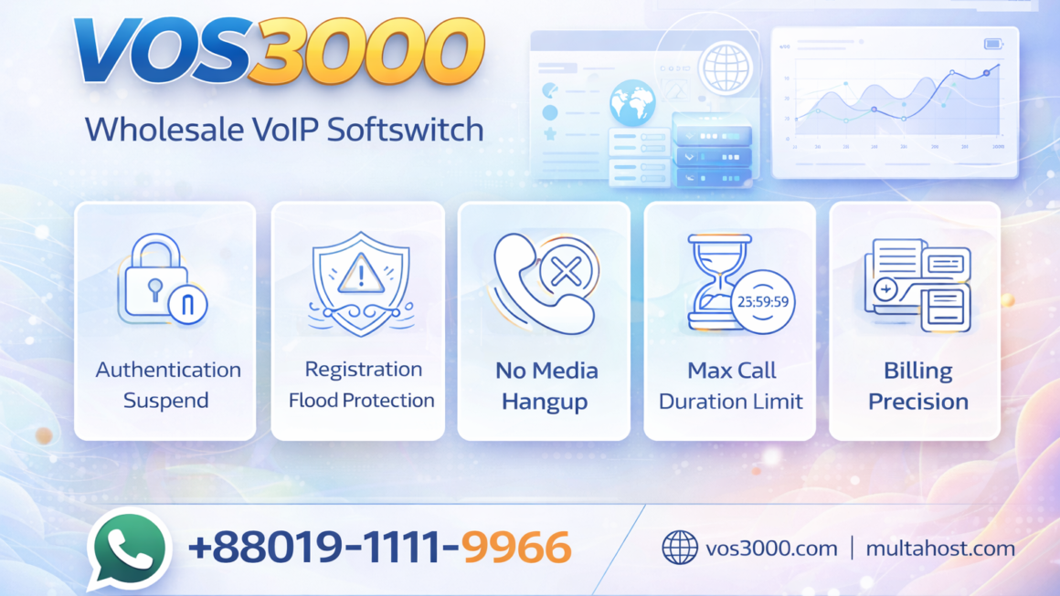 VOS3000 Authentication Suspend, VOS3000 Registration Flood Protection, VOS3000 No Media Hangup, VOS3000 Max Call Duration Limit, VOS3000 Billing Precision