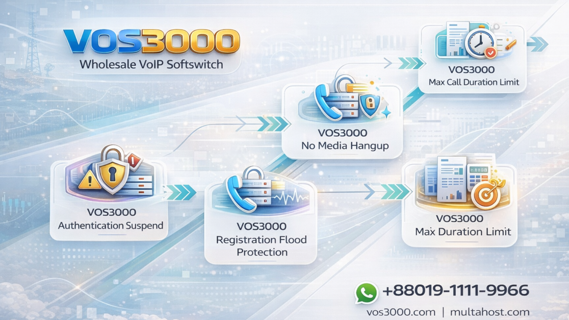 VOS3000 Authentication Suspend, VOS3000 Registration Flood Protection, VOS3000 No Media Hangup, VOS3000 Max Call Duration Limit, VOS3000 Billing Precision