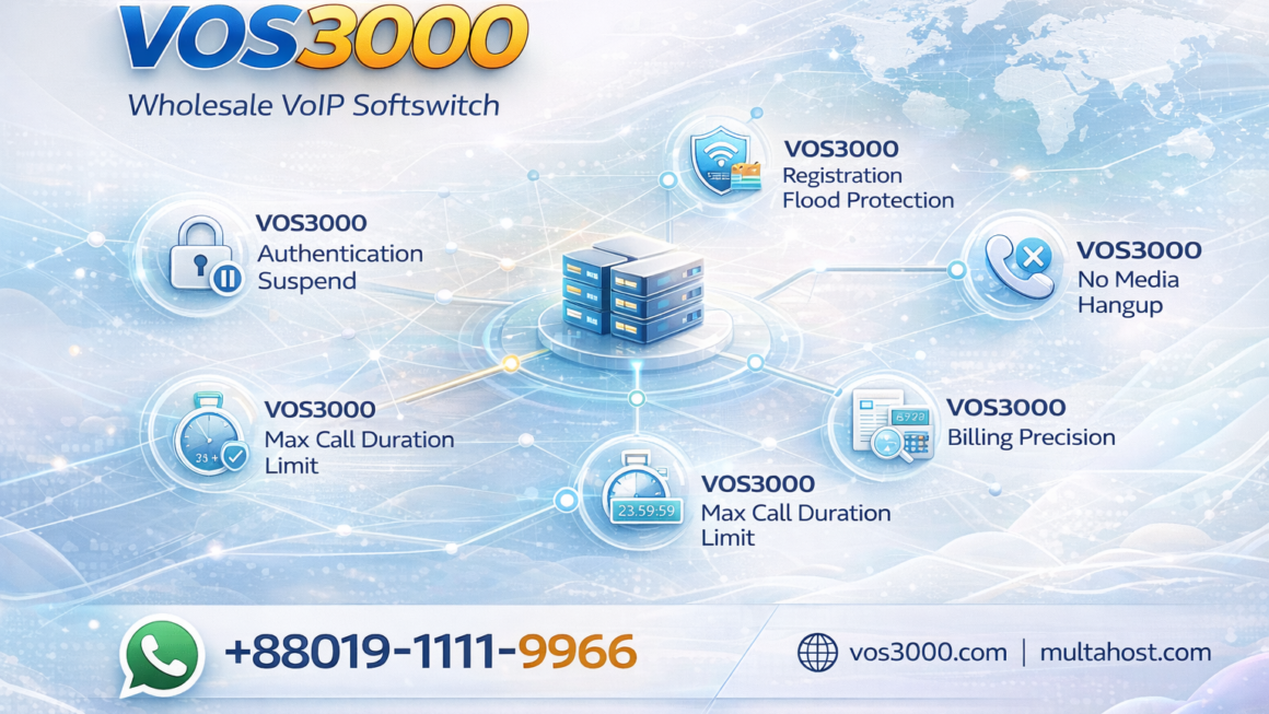 VOS3000 Authentication Suspend, VOS3000 Registration Flood Protection, VOS3000 No Media Hangup, VOS3000 Max Call Duration Limit, VOS3000 Billing Precision