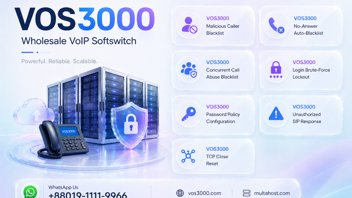 VOS3000 Malicious Caller Blacklist, VOS3000 No-Answer Auto-Blacklist, VOS3000 Concurrent Call Abuse Blacklist, VOS3000 Login Brute-Force Lockout, VOS3000 Password Policy Configuration, VOS3000 Unauthorized SIP Response, VOS3000 TCP Close Reset, VOS3000 Registration Replace Kick, VOS3000 Lightweight Registration Interval, VOS3000 Authentication Retry Limits, VOS3000 Call Authentication Mode