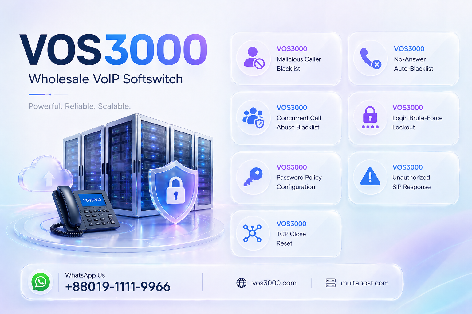 VOS3000 Malicious Caller Blacklist, VOS3000 No-Answer Auto-Blacklist, VOS3000 Concurrent Call Abuse Blacklist, VOS3000 Login Brute-Force Lockout, VOS3000 Password Policy Configuration, VOS3000 Unauthorized SIP Response, VOS3000 TCP Close Reset, VOS3000 Registration Replace Kick, VOS3000 Lightweight Registration Interval, VOS3000 Authentication Retry Limits, VOS3000 Call Authentication Mode
