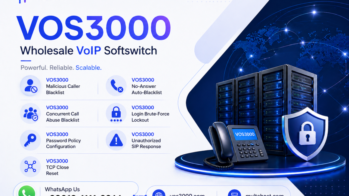 VOS3000 Malicious Caller Blacklist, VOS3000 No-Answer Auto-Blacklist, VOS3000 Concurrent Call Abuse Blacklist, VOS3000 Login Brute-Force Lockout, VOS3000 Password Policy Configuration, VOS3000 Unauthorized SIP Response, VOS3000 TCP Close Reset, VOS3000 Registration Replace Kick, VOS3000 Lightweight Registration Interval, VOS3000 Authentication Retry Limits, VOS3000 Call Authentication Mode