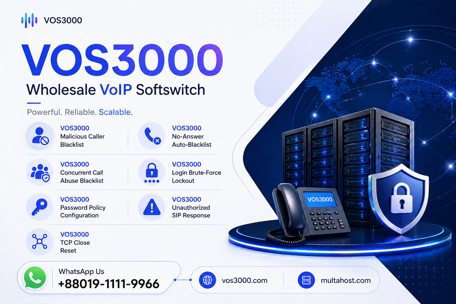 VOS3000 Malicious Caller Blacklist, VOS3000 No-Answer Auto-Blacklist, VOS3000 Concurrent Call Abuse Blacklist, VOS3000 Login Brute-Force Lockout, VOS3000 Password Policy Configuration, VOS3000 Unauthorized SIP Response, VOS3000 TCP Close Reset, VOS3000 Registration Replace Kick, VOS3000 Lightweight Registration Interval, VOS3000 Authentication Retry Limits, VOS3000 Call Authentication Mode