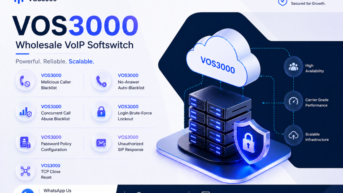 VOS3000 Malicious Caller Blacklist, VOS3000 No-Answer Auto-Blacklist, VOS3000 Concurrent Call Abuse Blacklist, VOS3000 Login Brute-Force Lockout, VOS3000 Password Policy Configuration, VOS3000 Unauthorized SIP Response, VOS3000 TCP Close Reset, VOS3000 Registration Replace Kick, VOS3000 Lightweight Registration Interval, VOS3000 Authentication Retry Limits, VOS3000 Call Authentication Mode