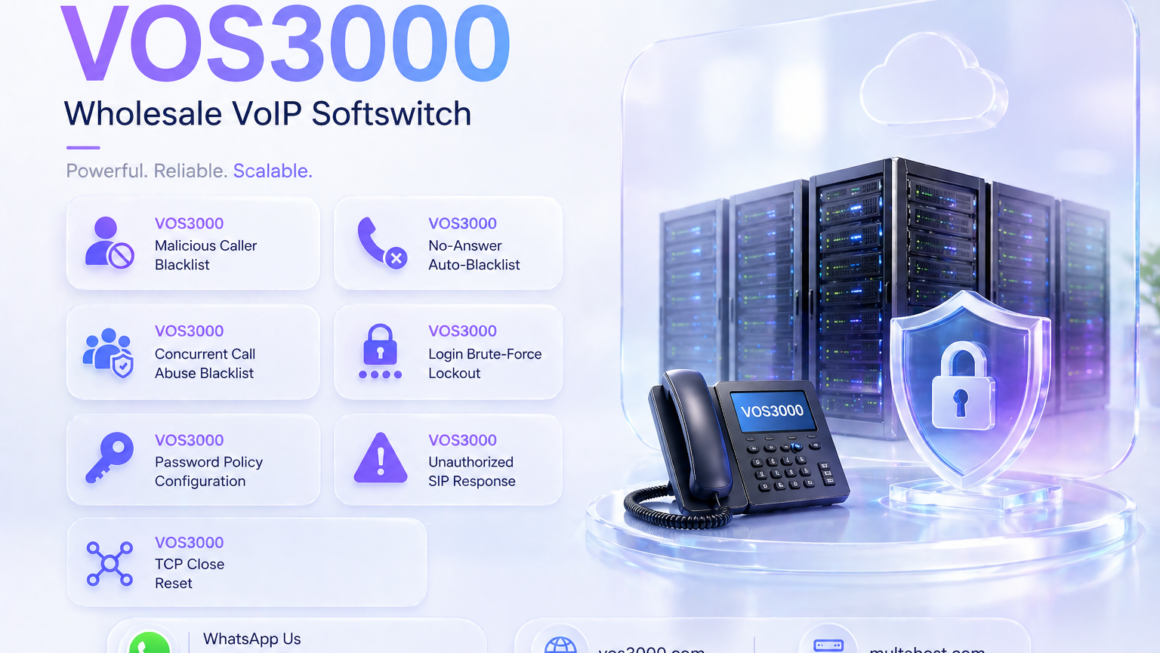 VOS3000 Malicious Caller Blacklist, VOS3000 No-Answer Auto-Blacklist, VOS3000 Concurrent Call Abuse Blacklist, VOS3000 Login Brute-Force Lockout, VOS3000 Password Policy Configuration, VOS3000 Unauthorized SIP Response, VOS3000 TCP Close Reset, VOS3000 Registration Replace Kick, VOS3000 Lightweight Registration Interval, VOS3000 Authentication Retry Limits, VOS3000 Call Authentication Mode