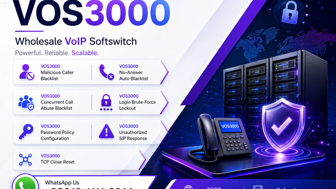 VOS3000 Malicious Caller Blacklist, VOS3000 No-Answer Auto-Blacklist, VOS3000 Concurrent Call Abuse Blacklist, VOS3000 Login Brute-Force Lockout, VOS3000 Password Policy Configuration, VOS3000 Unauthorized SIP Response, VOS3000 TCP Close Reset, VOS3000 Registration Replace Kick, VOS3000 Lightweight Registration Interval, VOS3000 Authentication Retry Limits, VOS3000 Call Authentication Mode