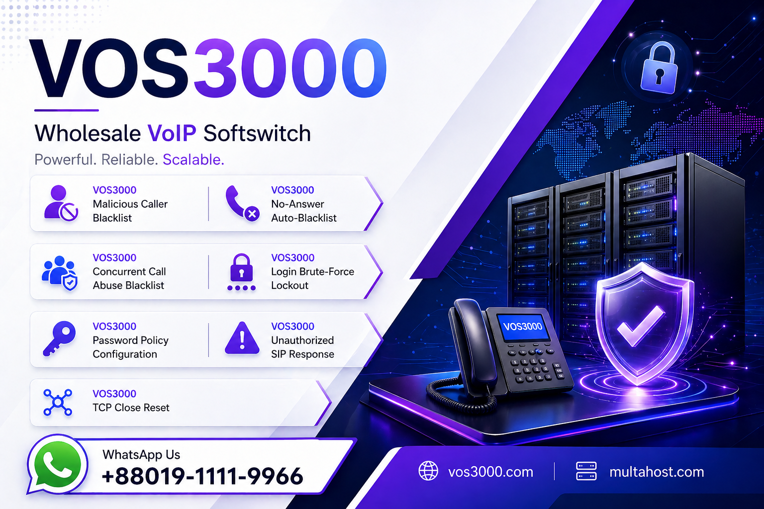 VOS3000 Malicious Caller Blacklist, VOS3000 No-Answer Auto-Blacklist, VOS3000 Concurrent Call Abuse Blacklist, VOS3000 Login Brute-Force Lockout, VOS3000 Password Policy Configuration, VOS3000 Unauthorized SIP Response, VOS3000 TCP Close Reset, VOS3000 Registration Replace Kick, VOS3000 Lightweight Registration Interval, VOS3000 Authentication Retry Limits, VOS3000 Call Authentication Mode
