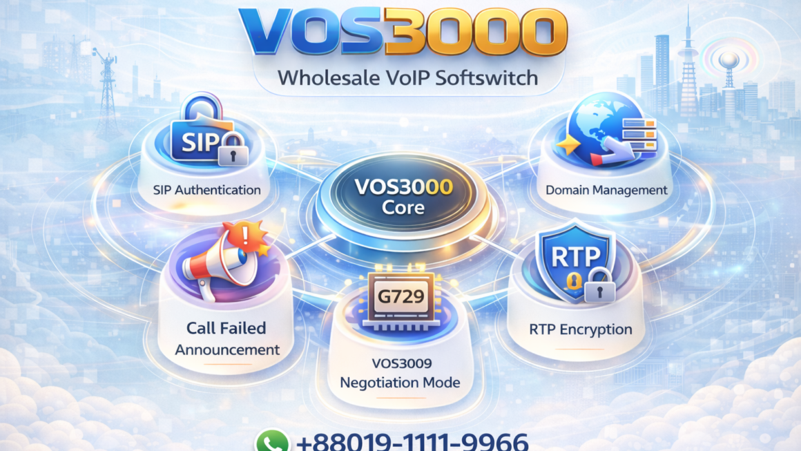 VOS3000 SIP Authentication, VOS3000 Domain Management, VOS3000 Call Failed Announcement, VOS3000 G729 Negotiation Mode, VOS3000 RTP Encryption