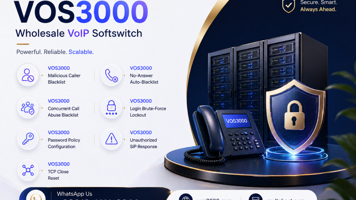 VOS3000 Malicious Caller Blacklist, VOS3000 No-Answer Auto-Blacklist, VOS3000 Concurrent Call Abuse Blacklist, VOS3000 Login Brute-Force Lockout, VOS3000 Password Policy Configuration, VOS3000 Unauthorized SIP Response, VOS3000 TCP Close Reset, VOS3000 Registration Replace Kick, VOS3000 Lightweight Registration Interval, VOS3000 Authentication Retry Limits, VOS3000 Call Authentication Mode