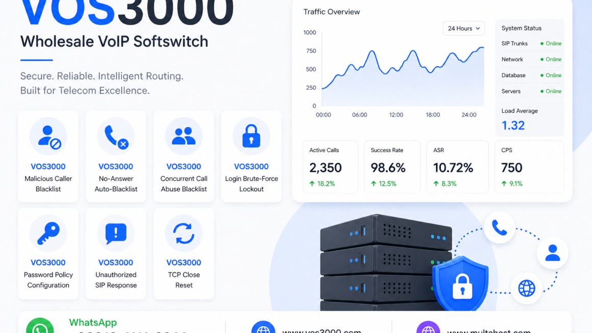 VOS3000 Malicious Caller Blacklist, VOS3000 No-Answer Auto-Blacklist, VOS3000 Concurrent Call Abuse Blacklist, VOS3000 Login Brute-Force Lockout, VOS3000 Password Policy Configuration, VOS3000 Unauthorized SIP Response, VOS3000 TCP Close Reset, VOS3000 Registration Replace Kick, VOS3000 Lightweight Registration Interval, VOS3000 Authentication Retry Limits, VOS3000 Call Authentication Mode