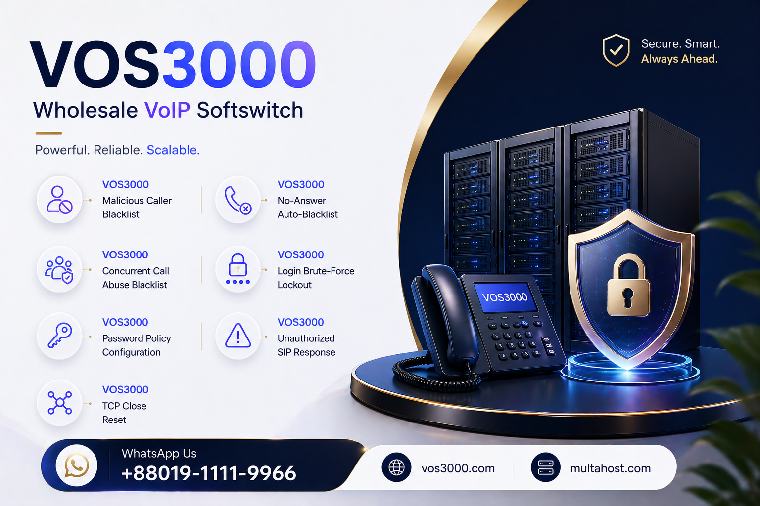 VOS3000 Malicious Caller Blacklist, VOS3000 No-Answer Auto-Blacklist, VOS3000 Concurrent Call Abuse Blacklist, VOS3000 Login Brute-Force Lockout, VOS3000 Password Policy Configuration, VOS3000 Unauthorized SIP Response, VOS3000 TCP Close Reset, VOS3000 Registration Replace Kick, VOS3000 Lightweight Registration Interval, VOS3000 Authentication Retry Limits, VOS3000 Call Authentication Mode