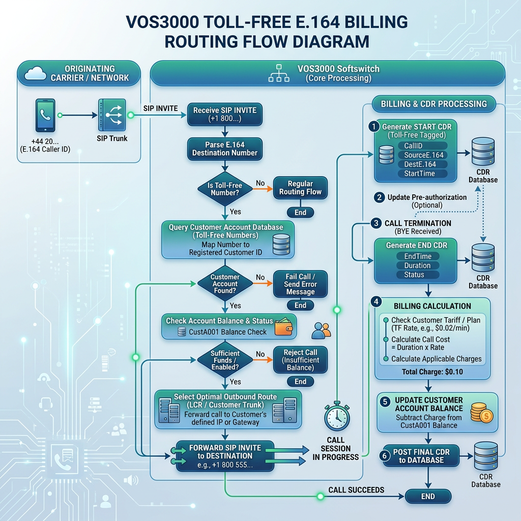 Flowchart showing VOS3000 toll-free E.164 billing and routing process with steps including SIP invite, number parsing, account checks, call routing, and billing calculations