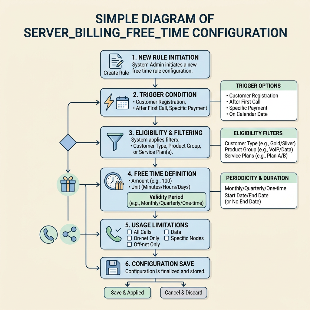 Flowchart showing steps for server billing free time configuration including rule initiation, trigger condition, eligibility filtering, free time definition, usage limitations, and configuration save.
