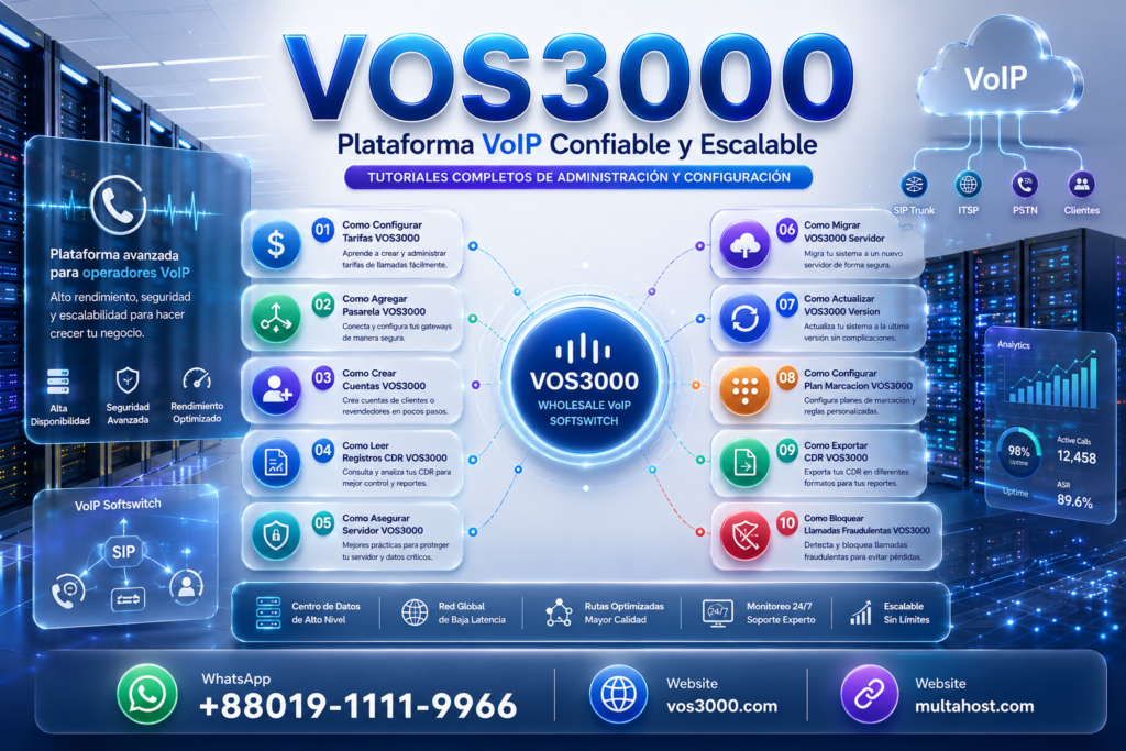 Como Configurar Tarifas VOS3000, Como Agregar Pasarela VOS3000, Como Crear Cuentas VOS3000, Como Leer Registros CDR VOS3000, Como Asegurar Servidor VOS3000, Como Migrar VOS3000 Servidor, Como Actualizar VOS3000 Version, Como Configurar Plan Marcacion VOS3000, Como Exportar CDR VOS3000, Como Bloquear Llamadas Fraudulentas VOS3000