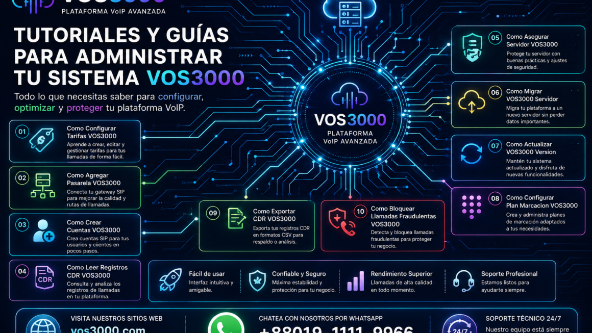 Como Configurar Tarifas VOS3000, Como Agregar Pasarela VOS3000, Como Crear Cuentas VOS3000, Como Leer Registros CDR VOS3000, Como Asegurar Servidor VOS3000, Como Migrar VOS3000 Servidor, Como Actualizar VOS3000 Version, Como Configurar Plan Marcacion VOS3000, Como Exportar CDR VOS3000, Como Bloquear Llamadas Fraudulentas VOS3000