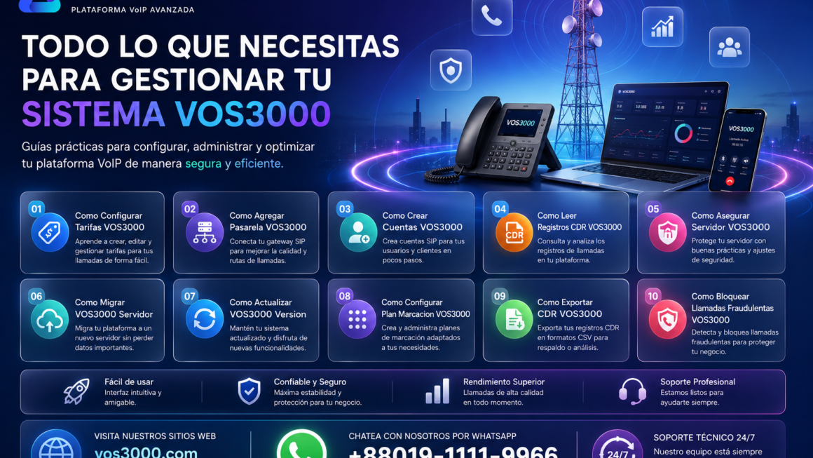 Como Configurar Tarifas VOS3000, Como Agregar Pasarela VOS3000, Como Crear Cuentas VOS3000, Como Leer Registros CDR VOS3000, Como Asegurar Servidor VOS3000, Como Migrar VOS3000 Servidor, Como Actualizar VOS3000 Version, Como Configurar Plan Marcacion VOS3000, Como Exportar CDR VOS3000, Como Bloquear Llamadas Fraudulentas VOS3000