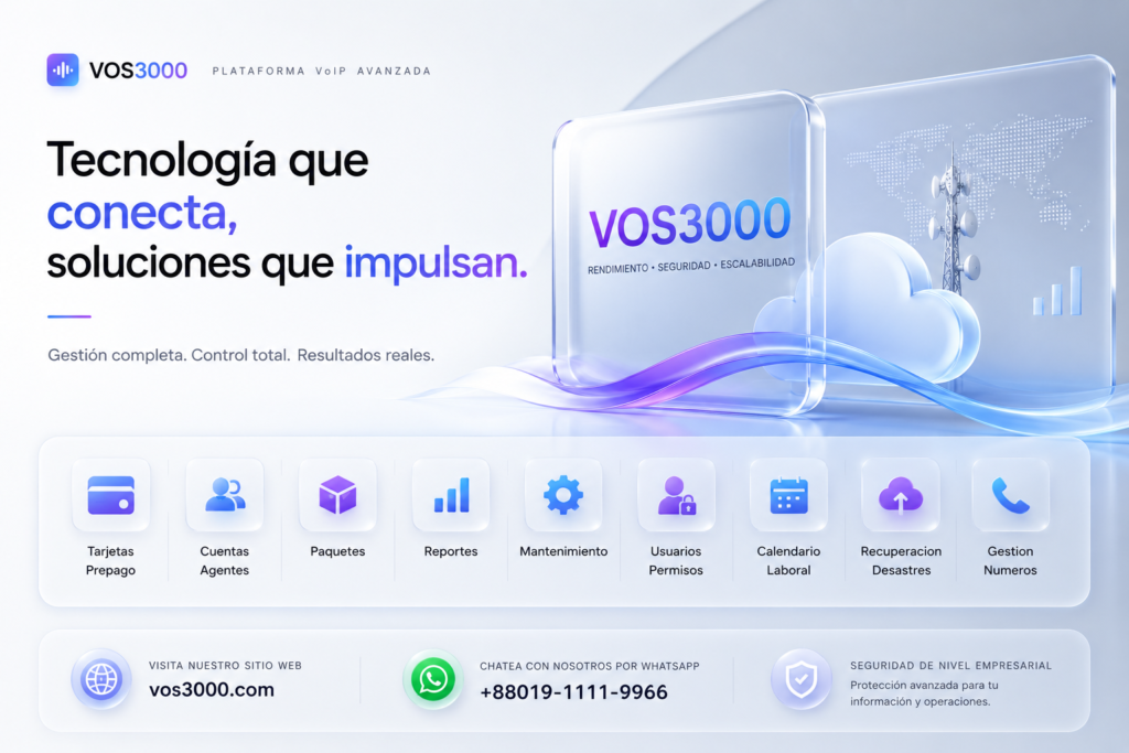 Sistema VOS3000 Tarjetas Prepago, Sistema VOS3000 Cuentas Agentes, Sistema VOS3000 Paquetes, Sistema VOS3000 Reportes, Sistema VOS3000 Mantenimiento, Sistema VOS3000 Usuarios Permisos, Sistema VOS3000 Calendario Laboral, Sistema VOS3000 Recuperacion Desastres, Sistema VOS3000 Gestion Numeros, Sistema VOS3000 Servicio Audio