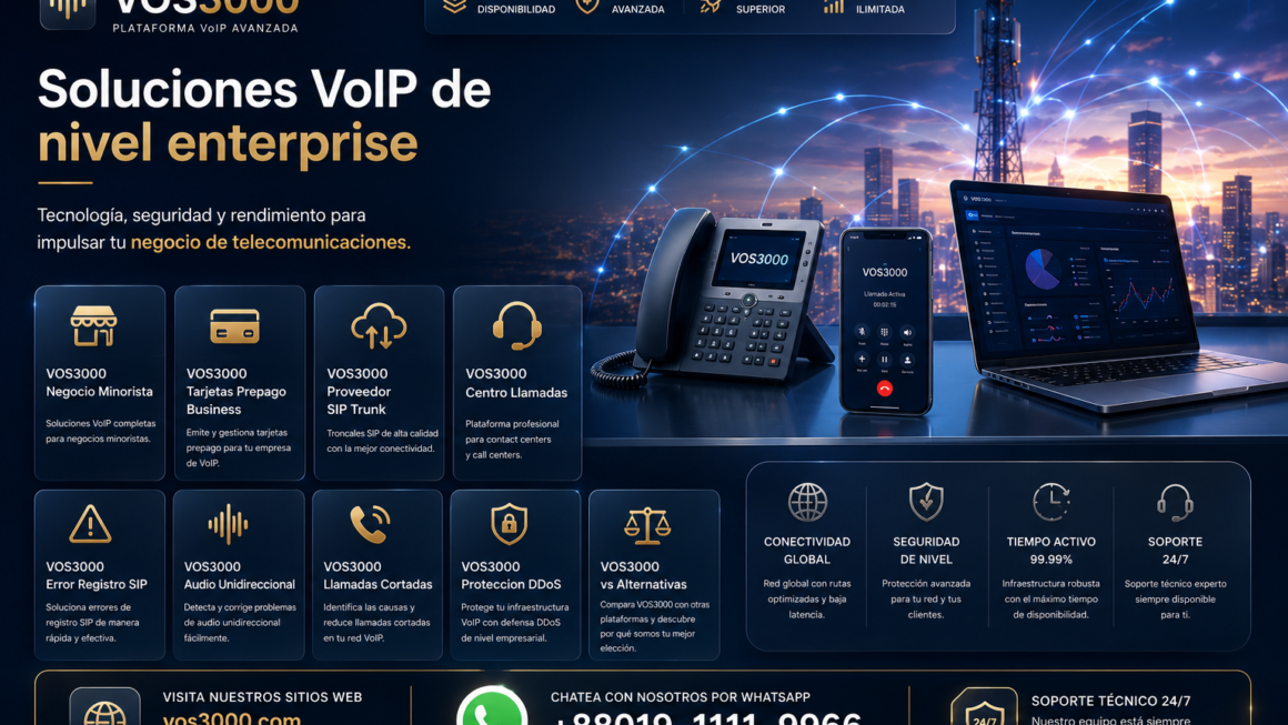 VOS3000 Negocio Minorista, VOS3000 Tarjetas Prepago Business, VOS3000 Proveedor SIP Trunk, VOS3000 Centro Llamadas, VOS3000 Error Registro SIP, VOS3000 Audio Unidireccional,VOS3000 Proteccion DDoS, VOS3000 vs Alternativas, VOS3000 Llamadas Cortadas