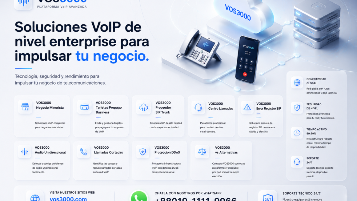 VOS3000 Negocio Minorista, VOS3000 Tarjetas Prepago Business, VOS3000 Proveedor SIP Trunk, VOS3000 Centro Llamadas, VOS3000 Error Registro SIP, VOS3000 Audio Unidireccional,VOS3000 Proteccion DDoS, VOS3000 vs Alternativas, VOS3000 Llamadas Cortadas