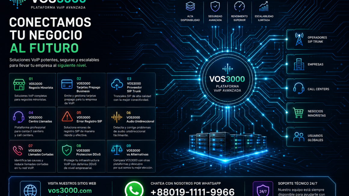 VOS3000 Negocio Minorista, VOS3000 Tarjetas Prepago Business, VOS3000 Proveedor SIP Trunk, VOS3000 Centro Llamadas, VOS3000 Error Registro SIP, VOS3000 Audio Unidireccional,VOS3000 Proteccion DDoS, VOS3000 vs Alternativas, VOS3000 Llamadas Cortadas