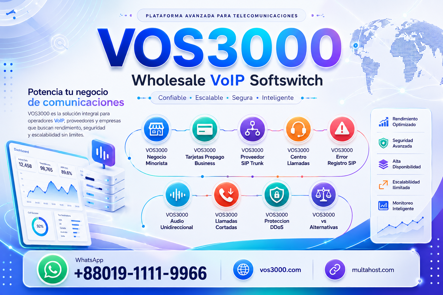VOS3000 Negocio Minorista, VOS3000 Tarjetas Prepago Business, VOS3000 Proveedor SIP Trunk, VOS3000 Centro Llamadas, VOS3000 Error Registro SIP, VOS3000 Audio Unidireccional,VOS3000 Proteccion DDoS, VOS3000 vs Alternativas, VOS3000 Llamadas Cortadas